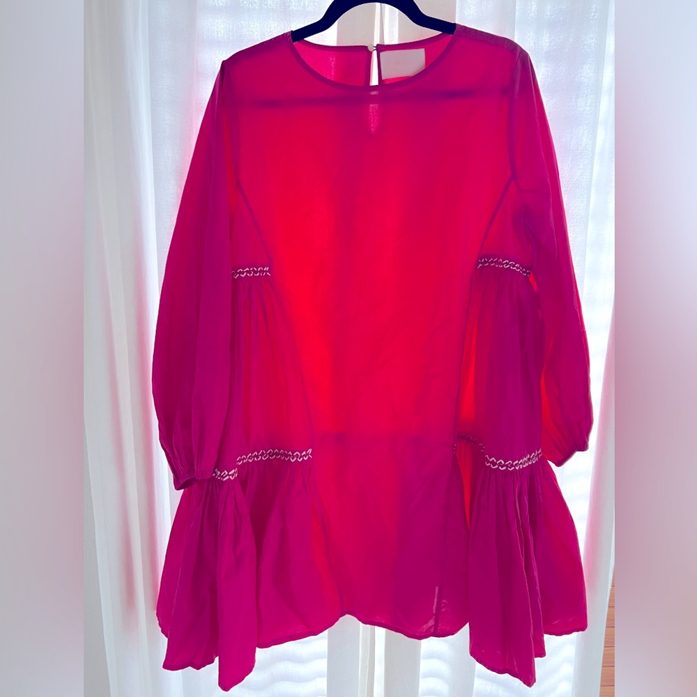 Merlette Embroidered Gather Dress Knee Length Long Sleeve Cotton L Pink
